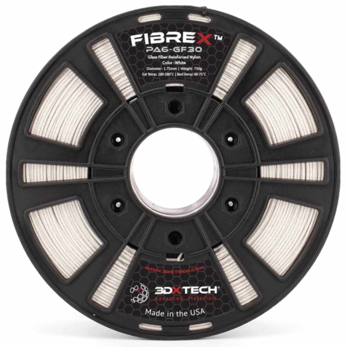 3DXTech - FibreX - Glasfaser Nylon - PA6 GF30 Filament - Weiß